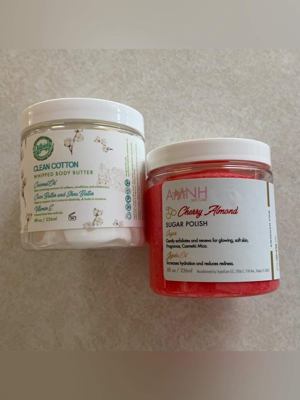 Aminnah "Cleaned Cotton Whipped Body Butter" & "Cherry Almond Sugar Polish"